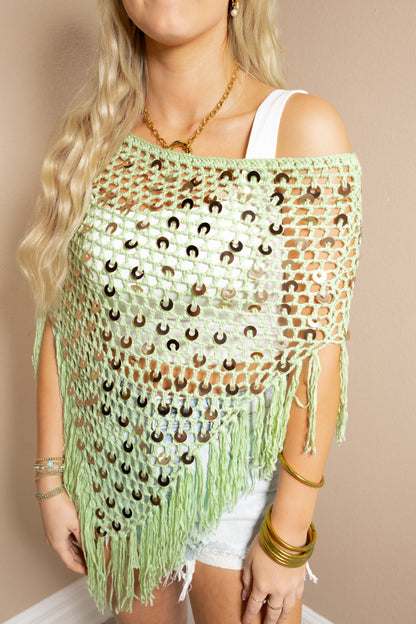 Coastal Glow Sequin Fringe Poncho Top