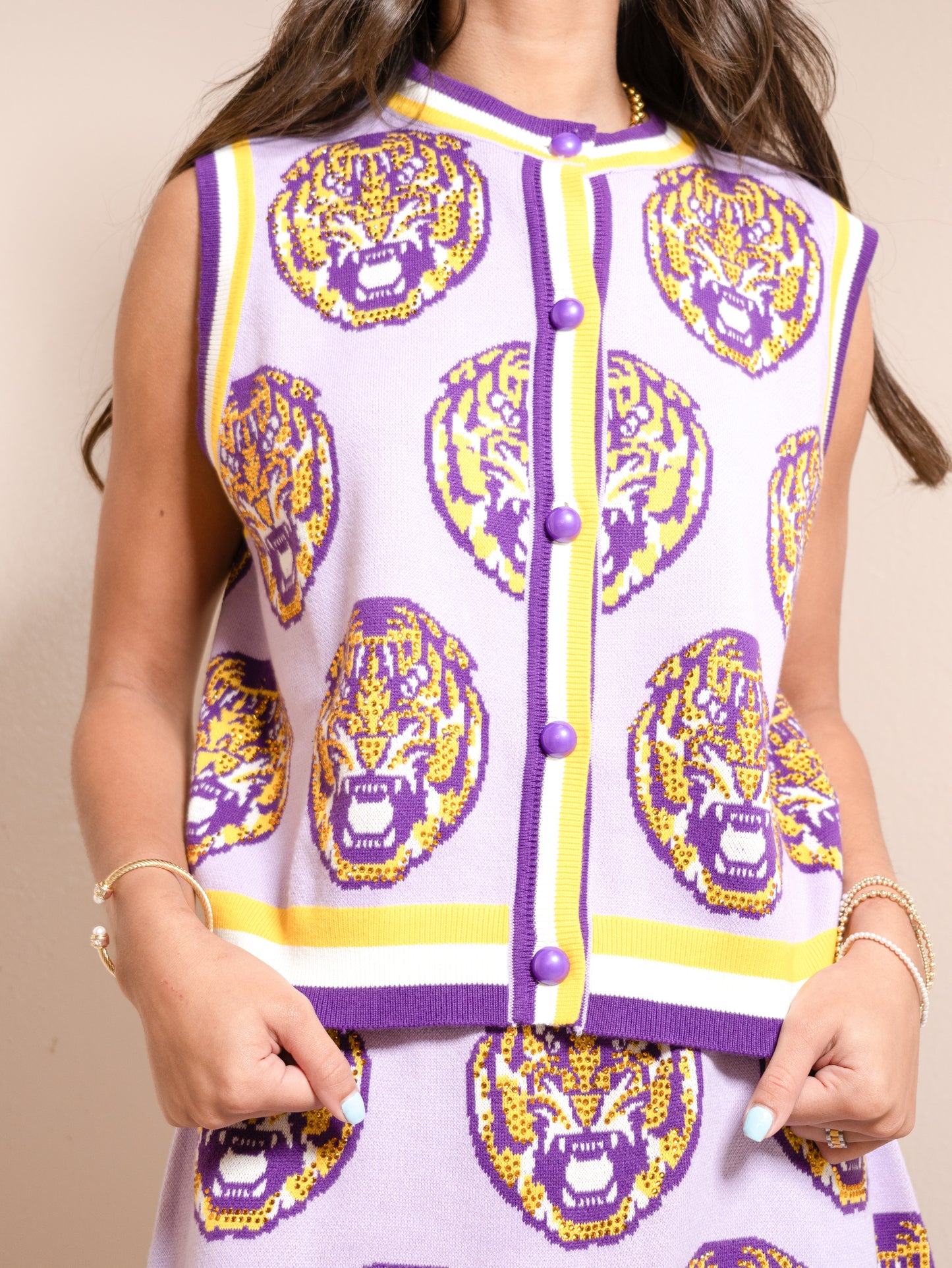 Queen of Sparkles Licensed LSU Rhinestone Button Up Knit Tank