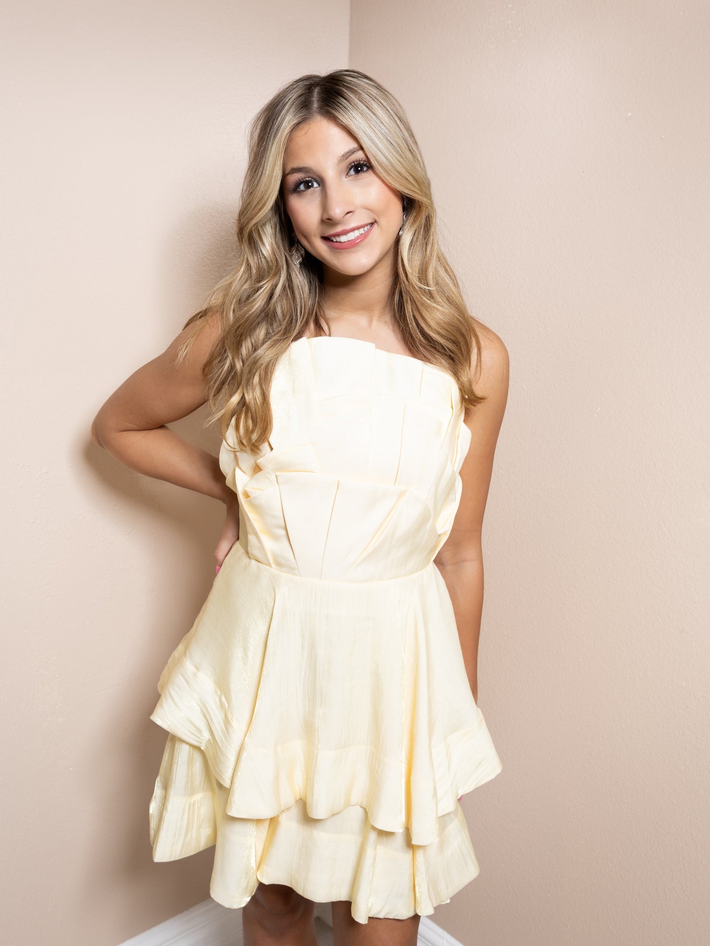 Golden Petals Tiered Mini Dress