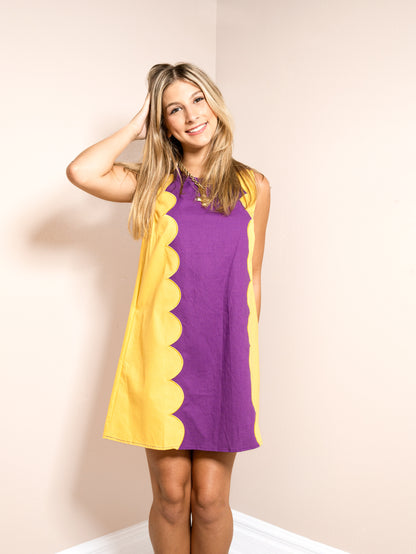 Purple & Gold Scallop Panel Shift Dress