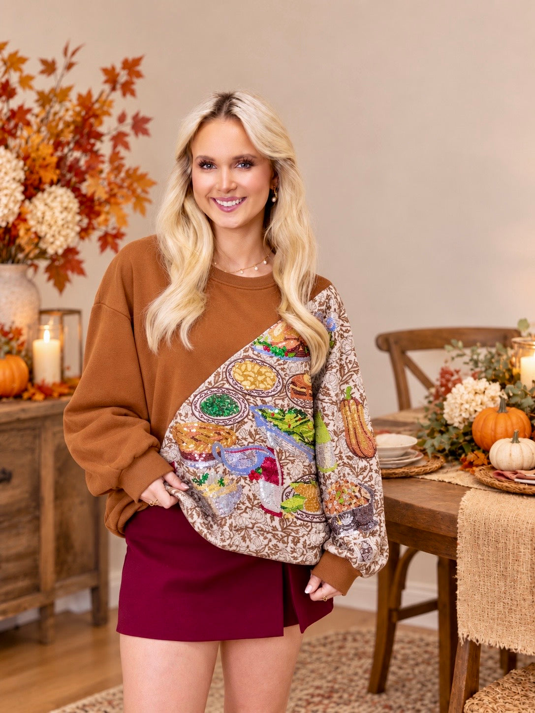 QOS Brown Colorblock Thanksgiving Meal Sweatshirt