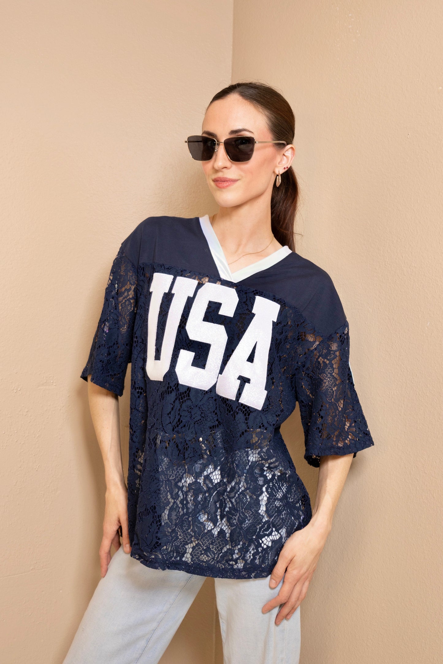 Navy USA Varsity Lace Top