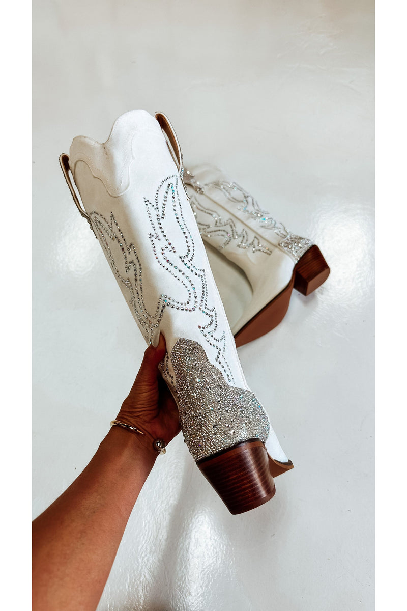 A Nashville Night Rhinestone White Boots-Apparel & Accessories-KCoutureBoutique, women's boutique in Bossier City, Louisiana