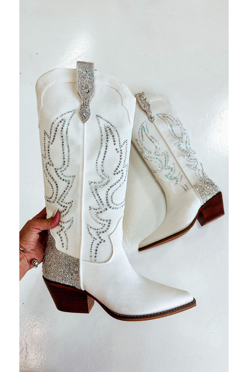 A Nashville Night Rhinestone White Boots-Apparel & Accessories-KCoutureBoutique, women's boutique in Bossier City, Louisiana
