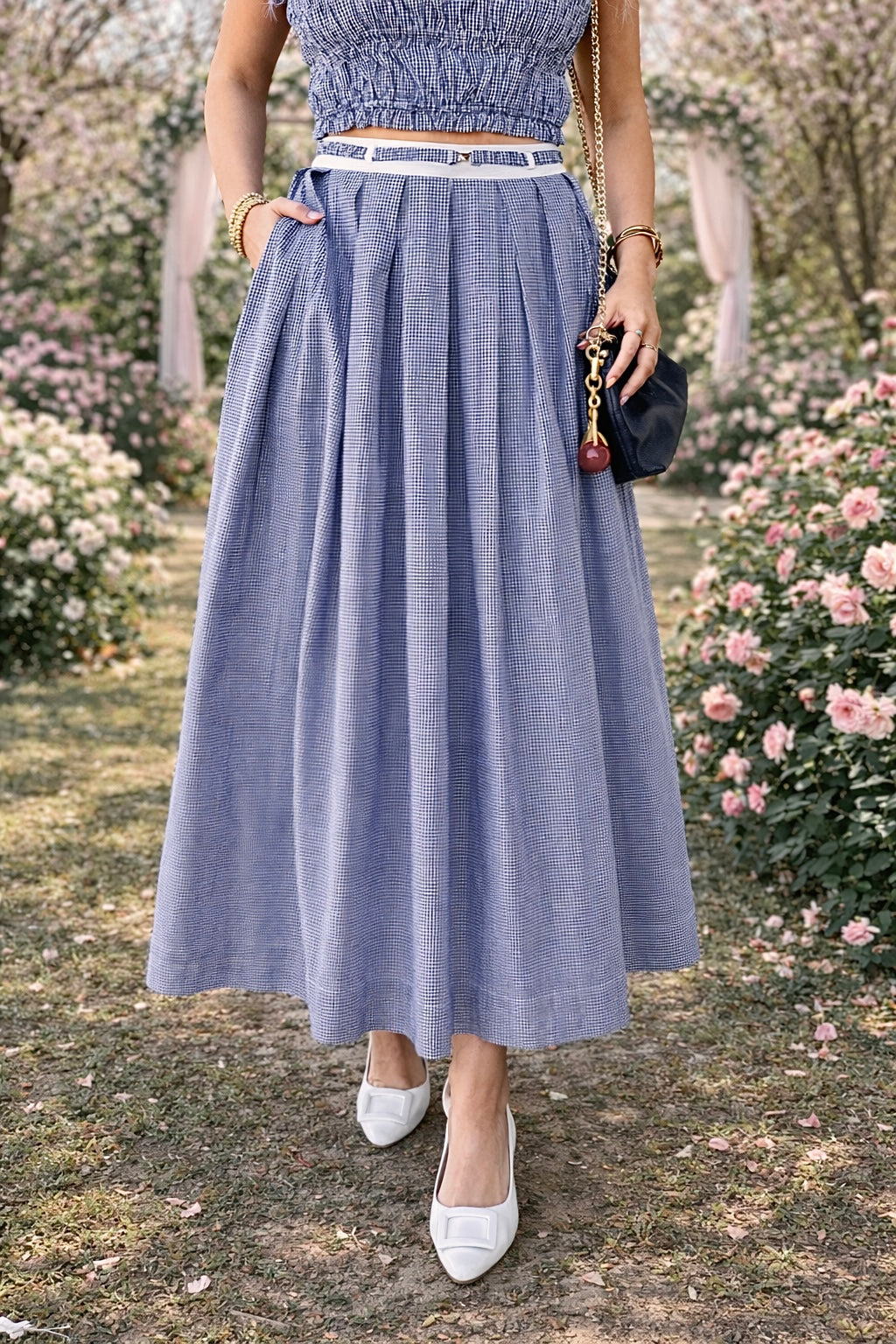 English Factory Colorblock Plaid Midi Skirt