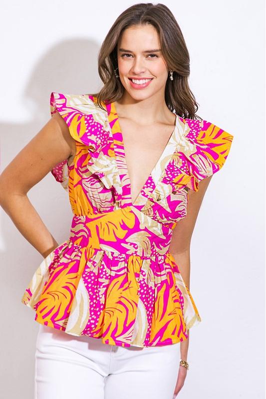 売れ筋商品|||トミー ヒルフィガー カットソー トップス レディース Women's Printed Ruffled-Sleeve Peplum Top Sky Captain Multi Abstract V-Neck Peplum Top – KCoutureBoutique