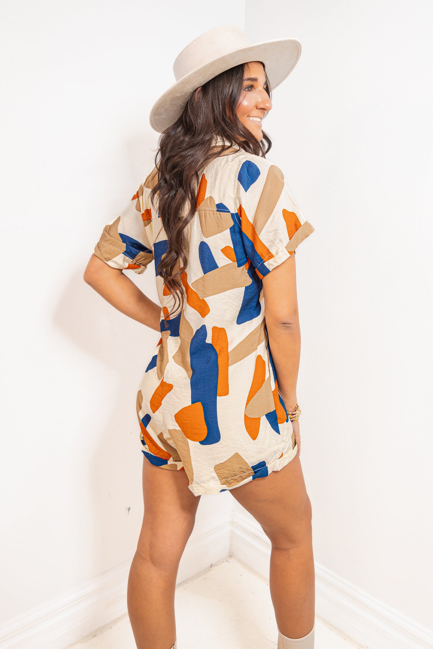 Abstract Escape Button Down Cuffed Romper