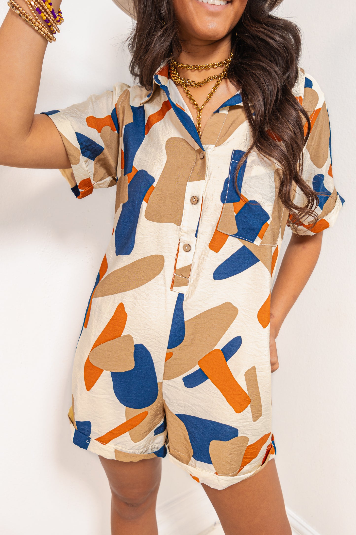 Abstract Escape Button Down Cuffed Romper