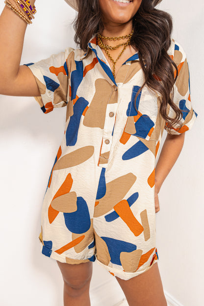 Abstract Escape Button Down Cuffed Romper
