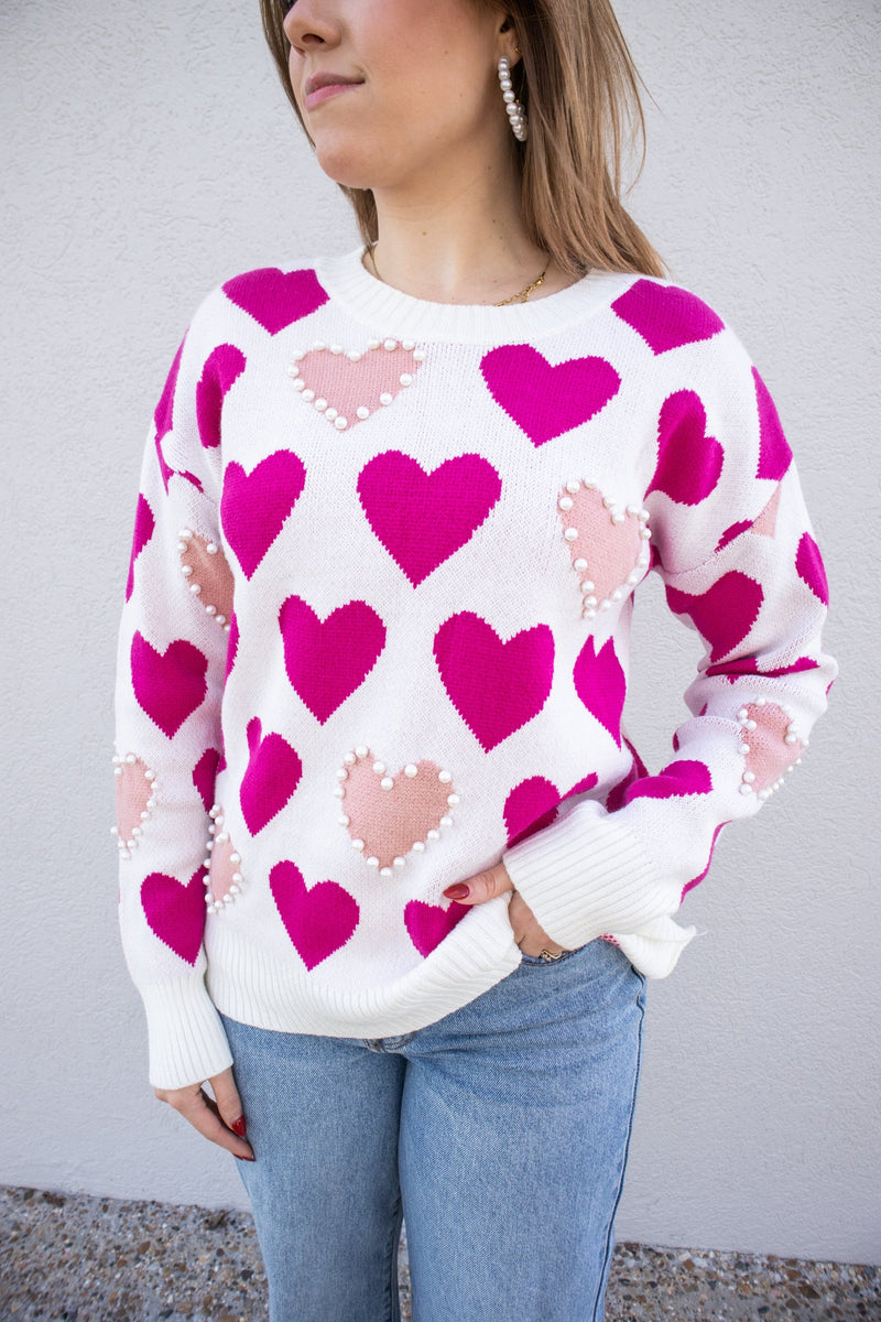 All Over Pink Pearl Heart Sweater-Sweaters-KCoutureBoutique, women's boutique in Bossier City, Louisiana
