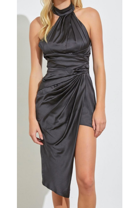 Asymmetric Ruched Halter Neck Dress Black / Large Asymmetric Ruched Halter Neck Dress Black / Large