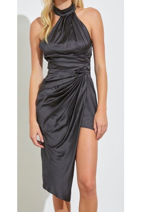 Asymmetric Ruched Halter Neck Dress-Dresses-KCoutureBoutique, women's boutique in Bossier City, Louisiana