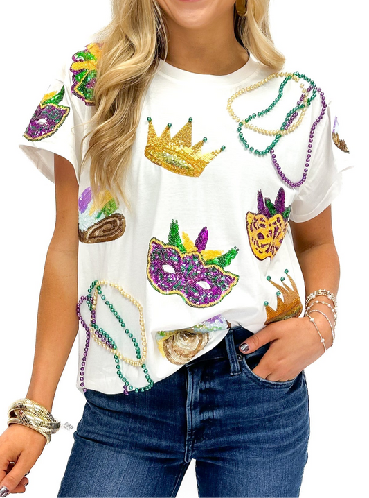 Queen Of Sparkles White Mardi Gras Icon Tee