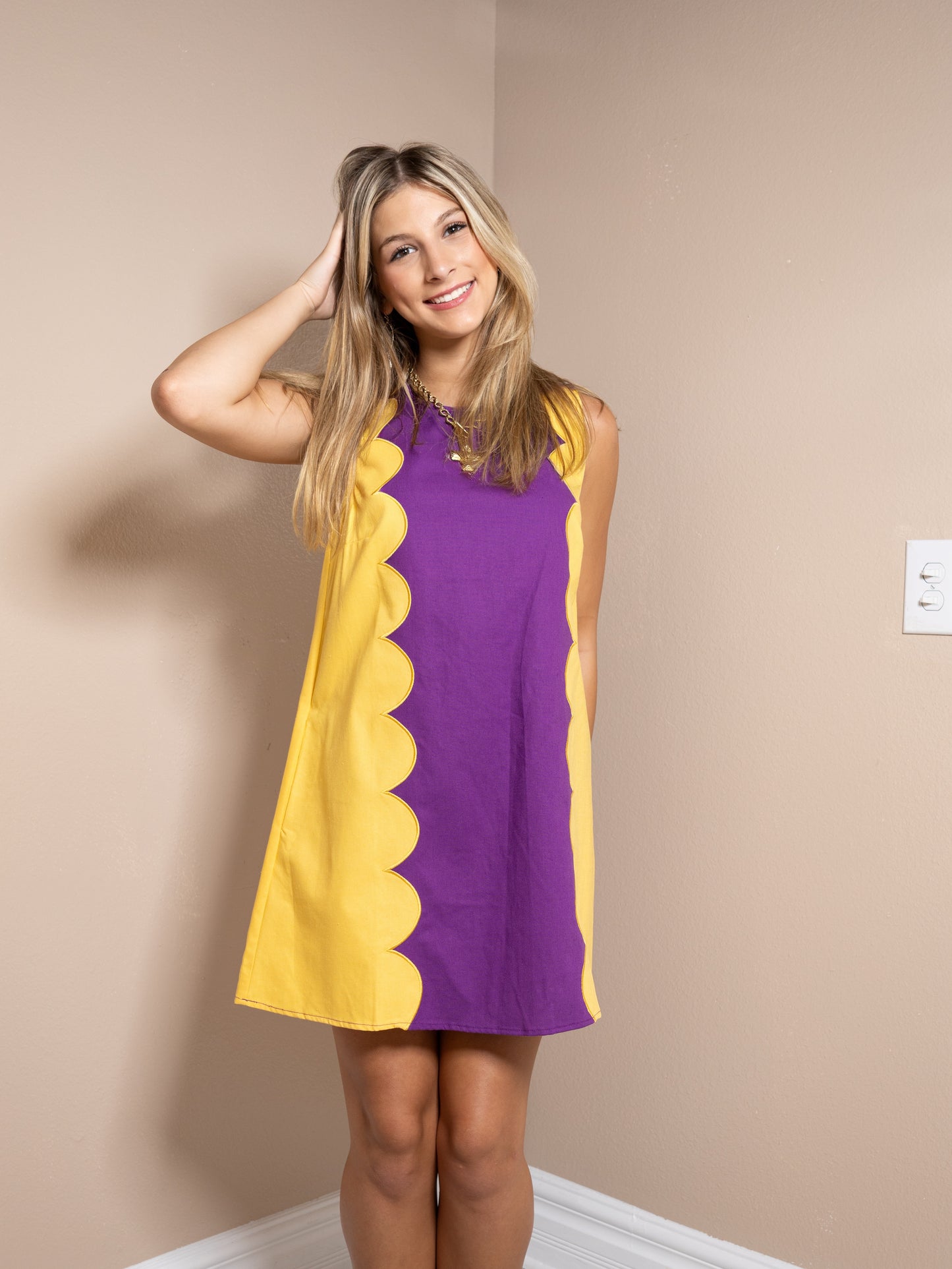 Purple & Gold Scallop Panel Shift Dress