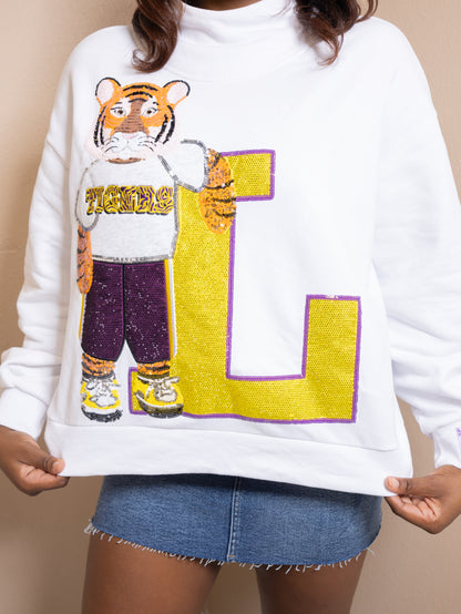 QOS Wholesale Licensed LSU Mascot Leaning on Letter Sweatshirt