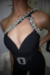Bejeweled One Shoulder Black Jumpsuit-Jumpsuits-KCoutureBoutique, women's boutique in Bossier City, Louisiana