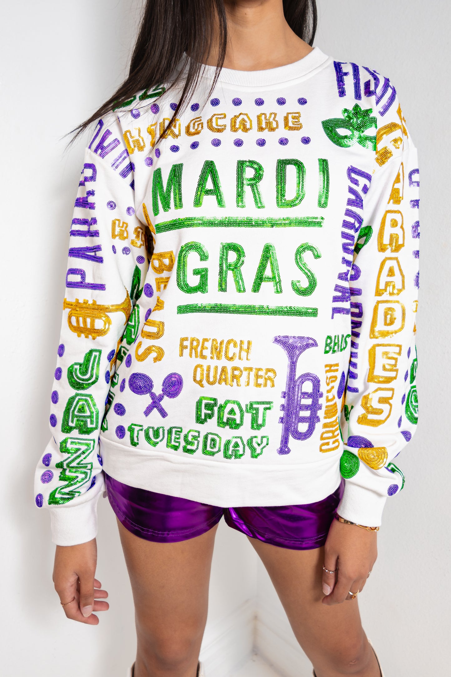 Belle Cher All Things Mardi Gras Sequin Sweatshirt