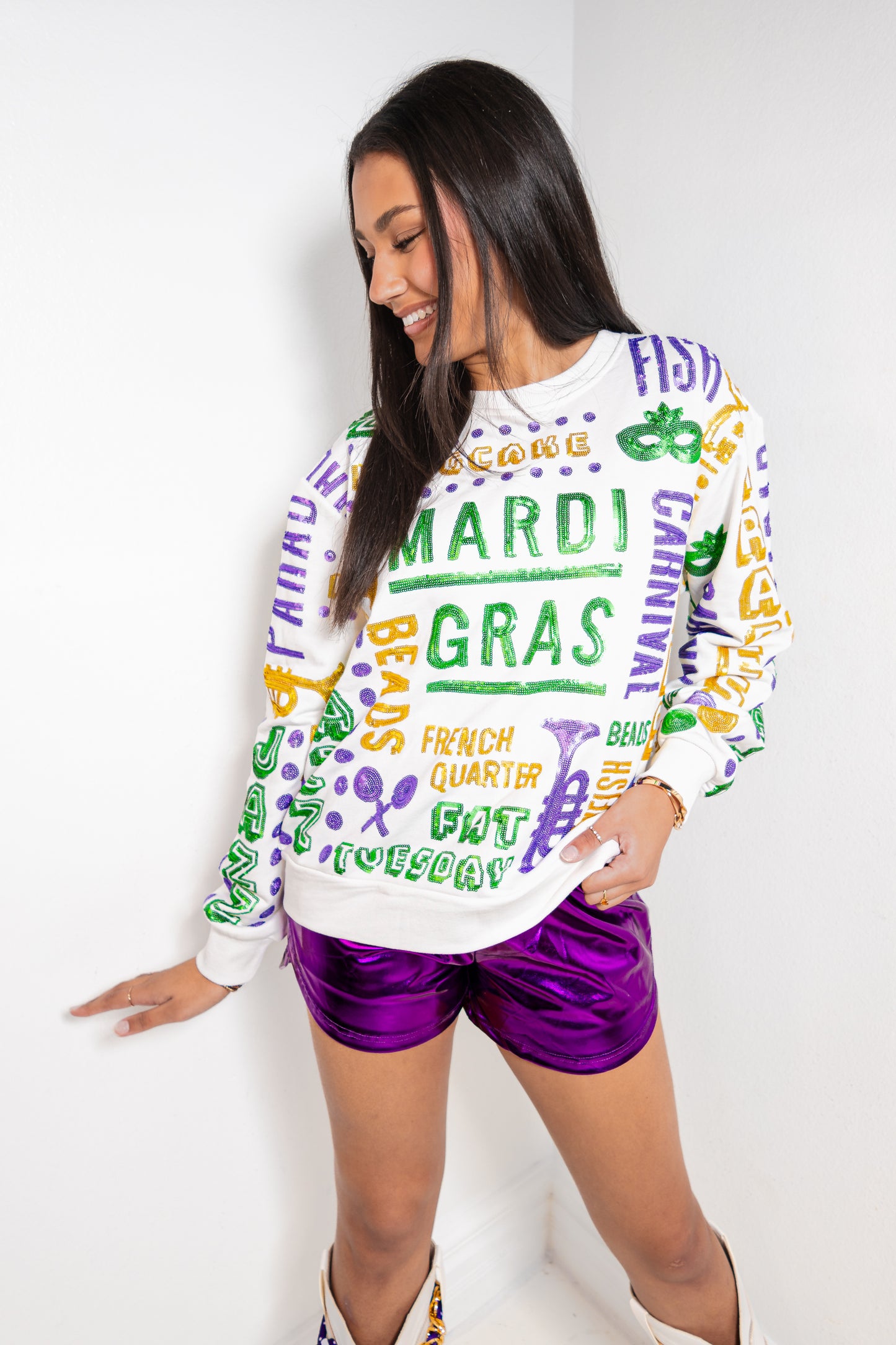 Belle Cher All Things Mardi Gras Sequin Sweatshirt
