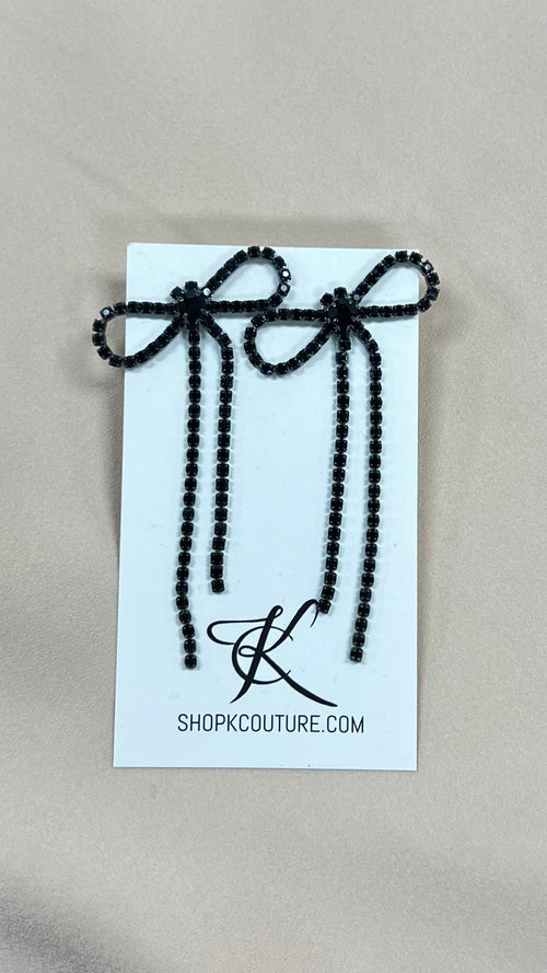 Black Rhinestone Bow Dangle Earrings-Earrings-KCoutureBoutique, women's boutique in Bossier City, Louisiana