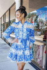 Blue Lace Pearl Buttoned Dress-Dresses-KCoutureBoutique, women's boutique in Bossier City, Louisiana