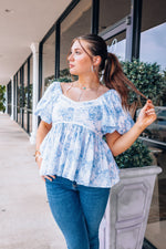 Blue Toile Puff Sleeve Top-Tops-KCoutureBoutique, women's boutique in Bossier City, Louisiana