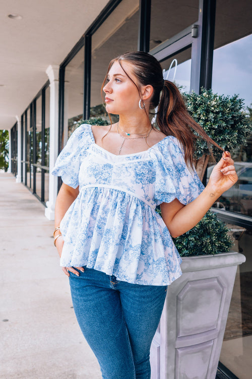 Blue Toile Puff Sleeve Top-Tops-KCoutureBoutique, women's boutique in Bossier City, Louisiana