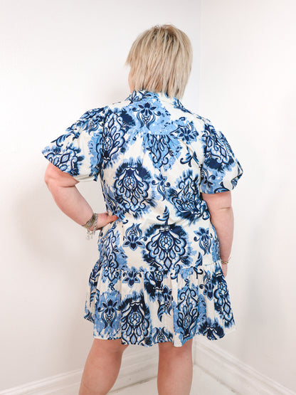 Blue Willow Puff Sleeve Dress