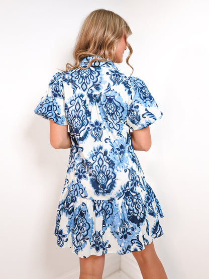 Blue Willow Puff Sleeve Dress
