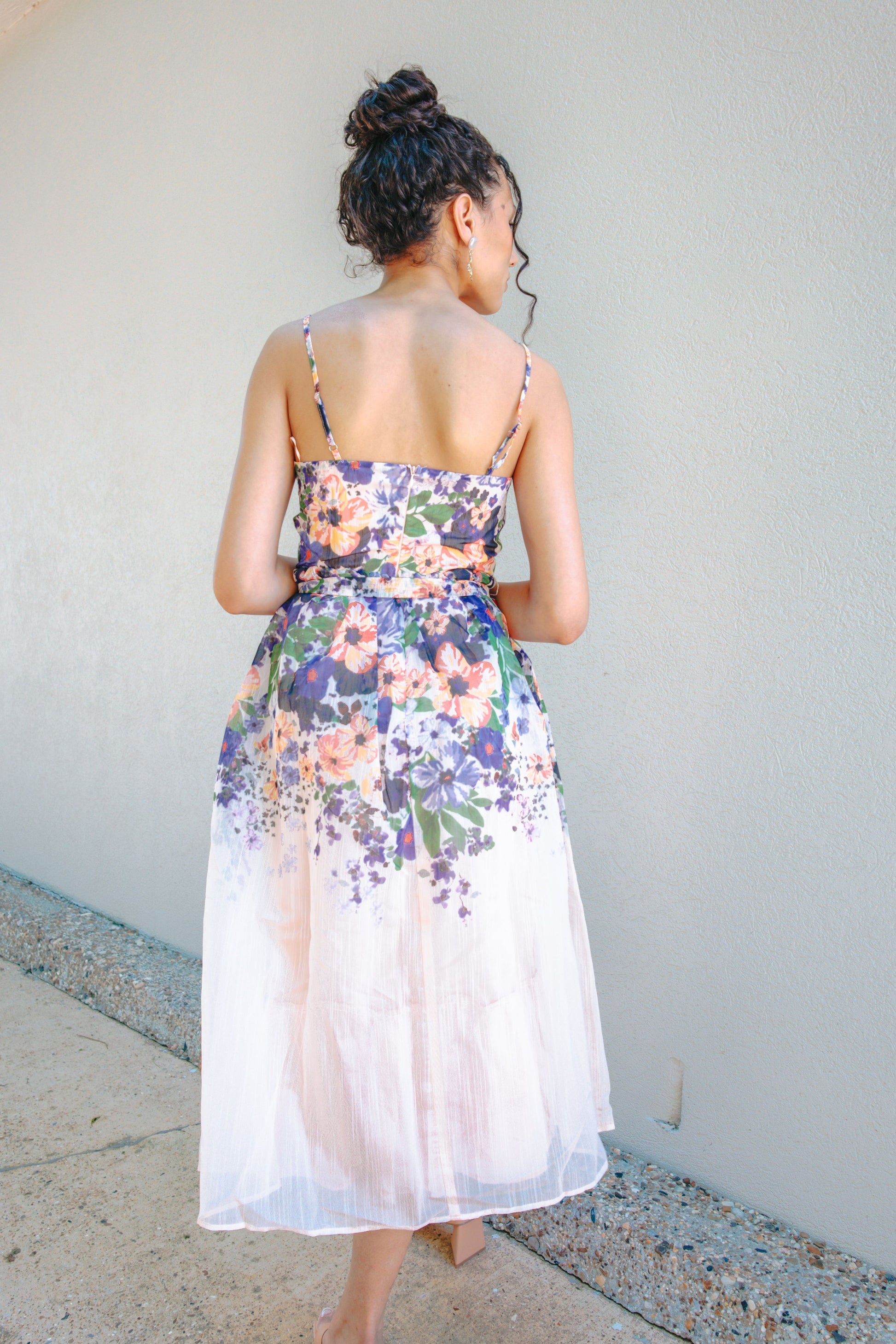 blush floral midi dress Pink Floral-Print Midi Casual Dress with Pockets Blush Ribbon Floral Print / Medium