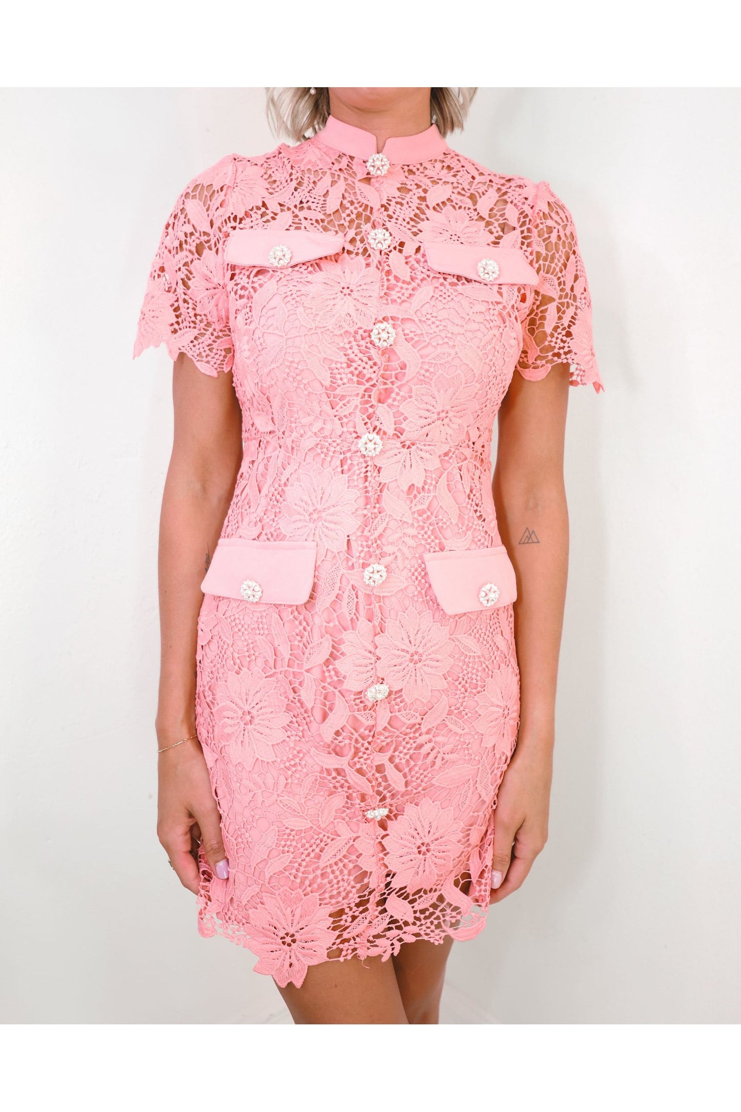 Blush Front Pocket Lace Mini Dress