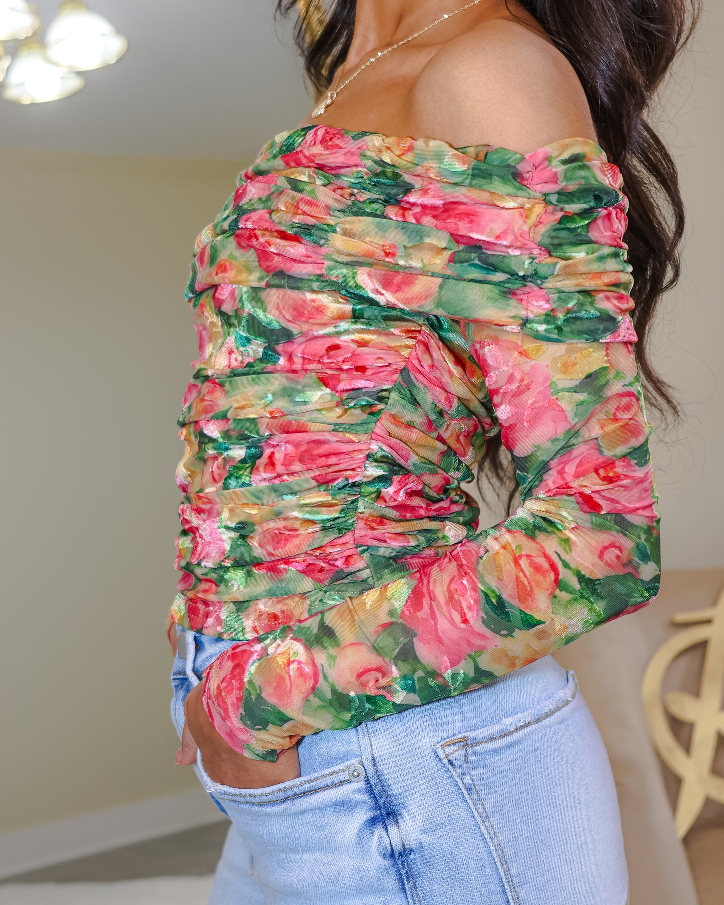 Botanical Muse Off Shoulder Mesh Top