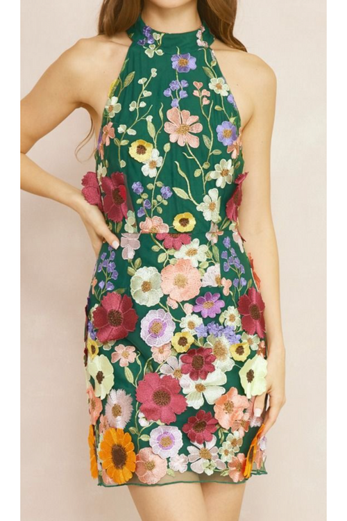 Bouquet For Days Embroidered Halter Dress-Apparel & Accessories-KCoutureBoutique, women's boutique in Bossier City, Louisiana