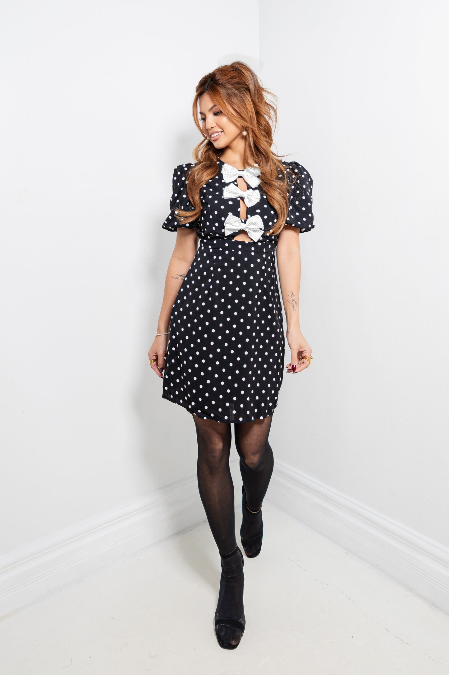 Bow Gala Polka Dot Puff Sleeve Dress