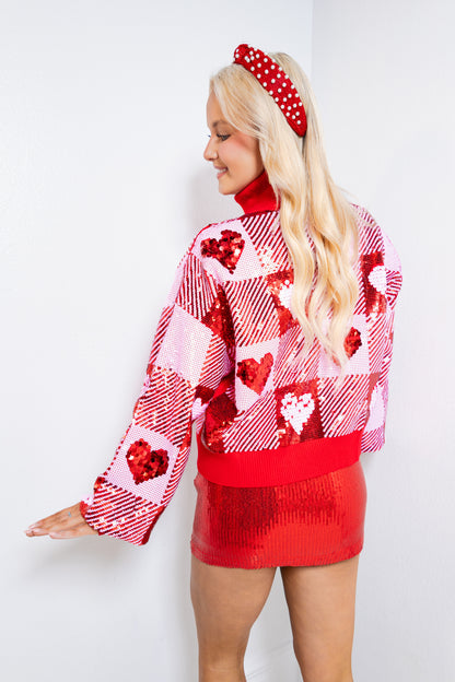 Brianna Cannon Sequin Hearts Plaid Sweater