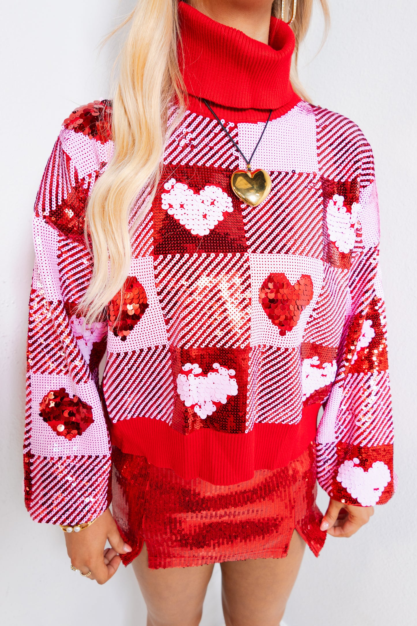 Brianna Cannon Sequin Hearts Plaid Sweater