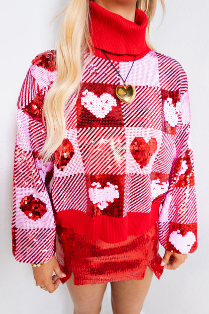 Brianna Cannon Sequin Hearts Plaid Sweater