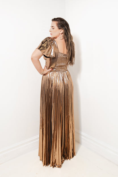 Bronze Allure Pleated Maxi Dress