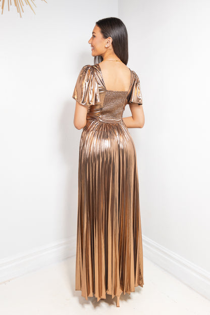 Bronze Allure Pleated Maxi Dress