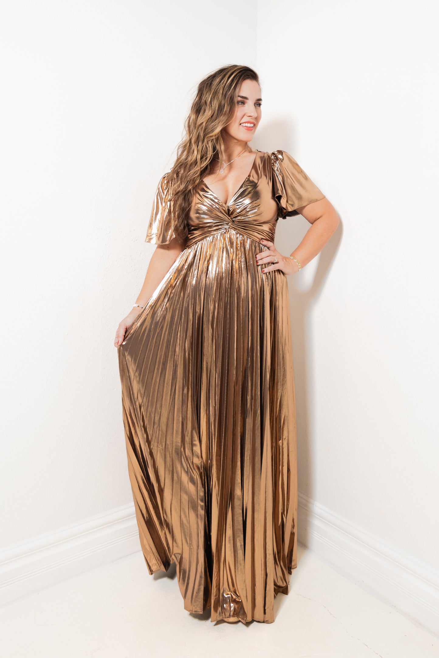 Bronze Allure Pleated Maxi Dress