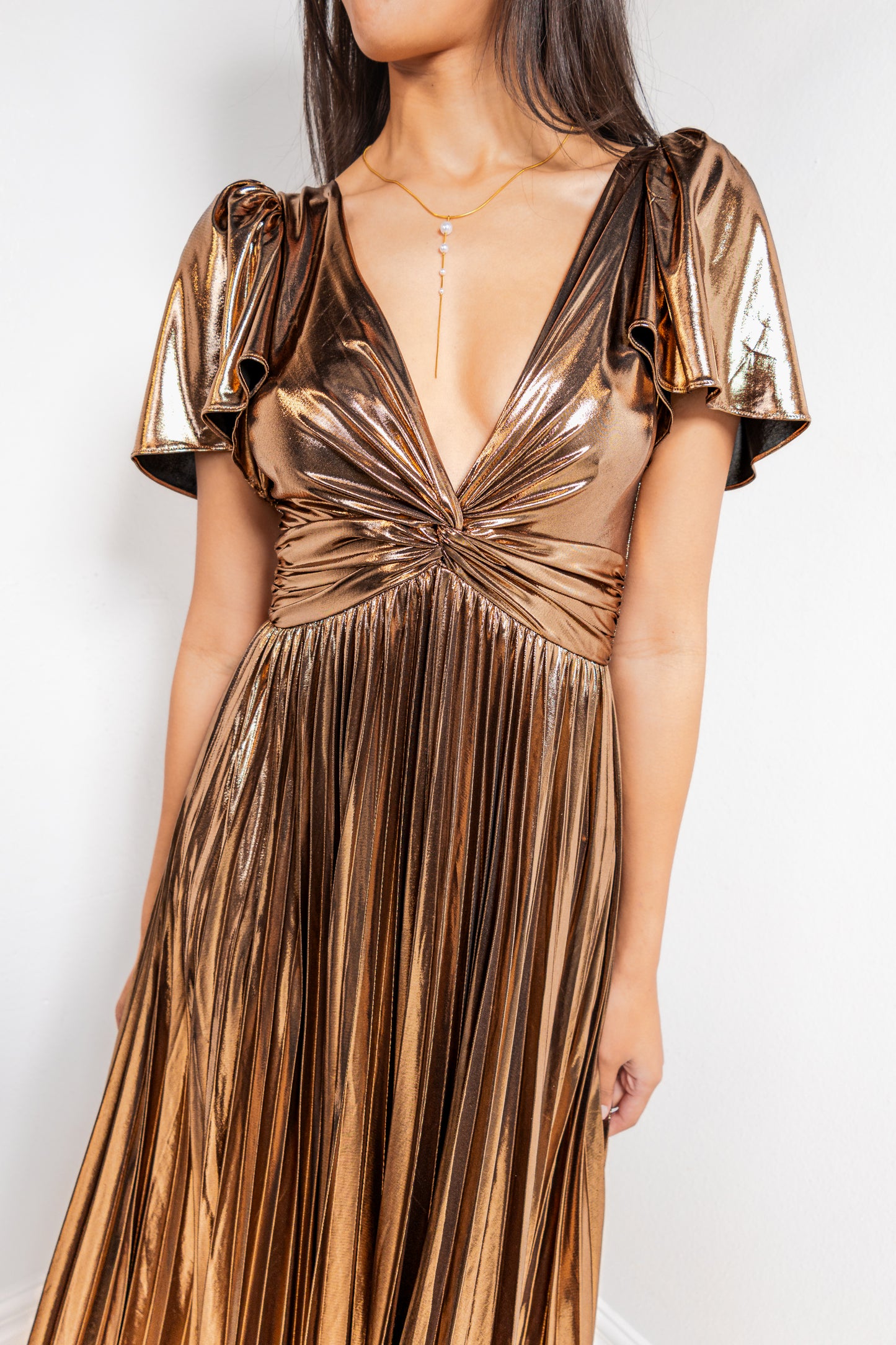 Bronze Allure Pleated Maxi Dress
