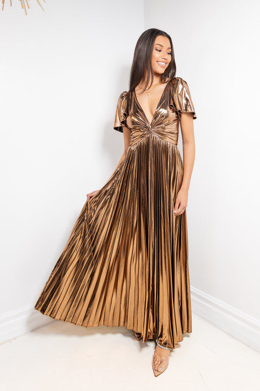 Bronze Allure Pleated Maxi Dress