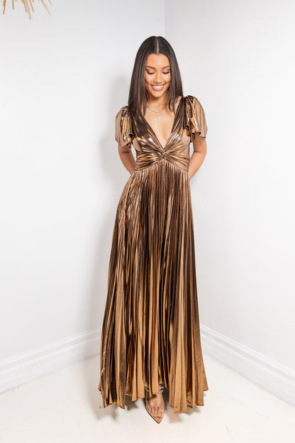 Bronze Allure Pleated Maxi Dress