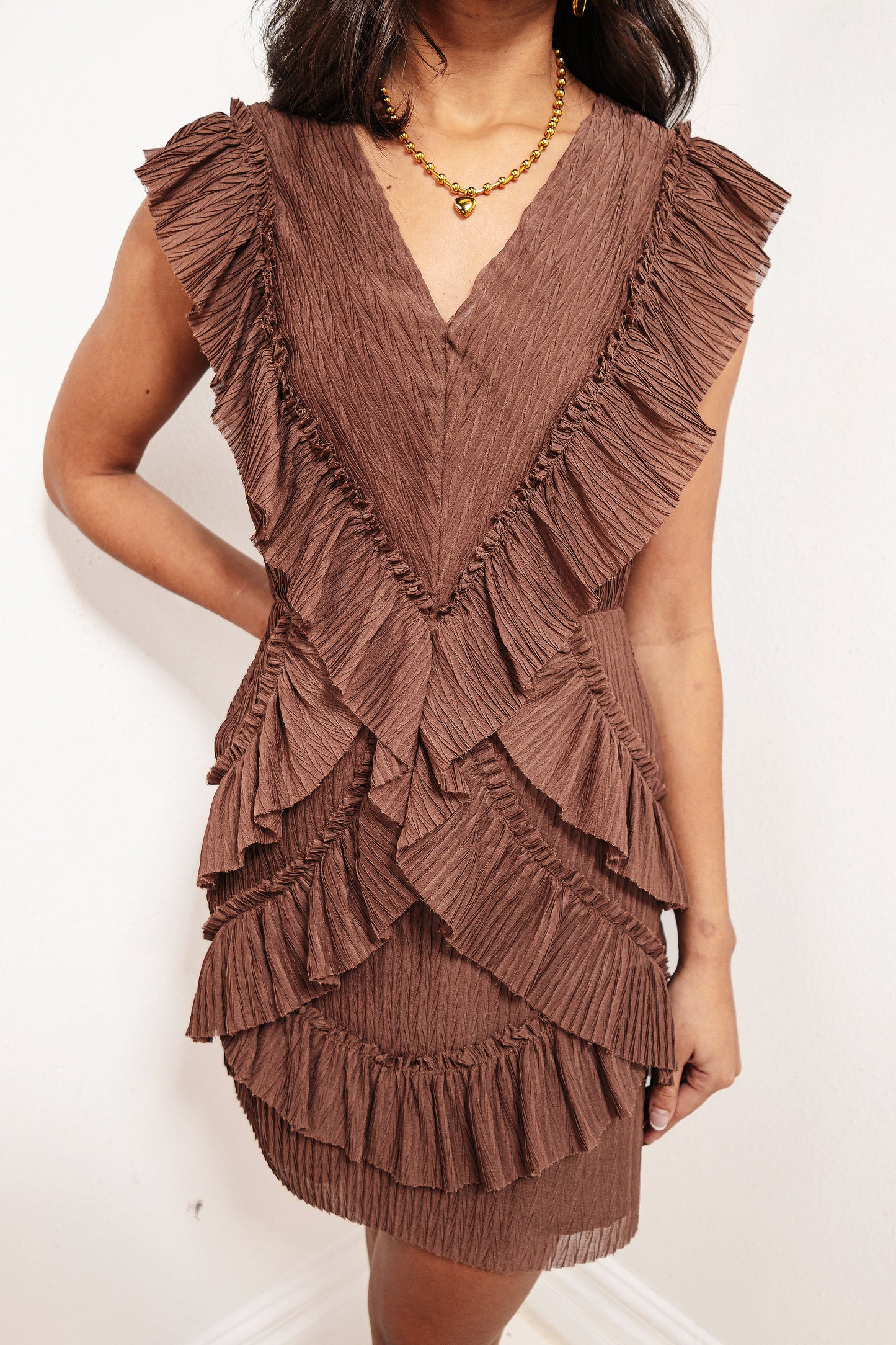 Brown Sugar Babe Ruffled Cut Out Mini Dress