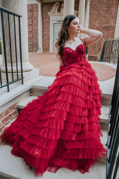 Burgundy Layered Tulle Ball Gown-Dresses-KCoutureBoutique, women's boutique in Bossier City, Louisiana