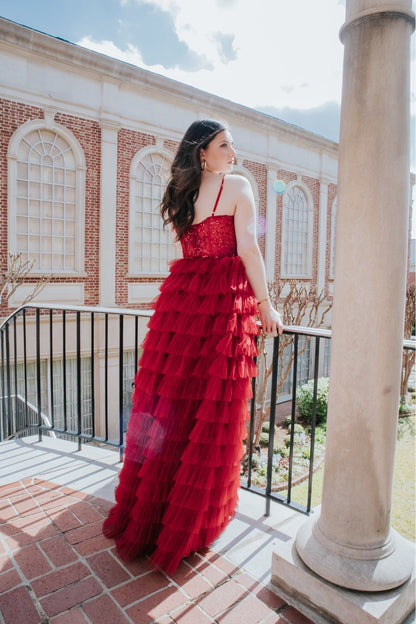 Burgundy Layered Tulle Ball Gown-Dresses-KCoutureBoutique, women's boutique in Bossier City, Louisiana