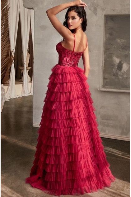 Burgundy Layered Tulle Ball Gown-Dresses-KCoutureBoutique, women's boutique in Bossier City, Louisiana