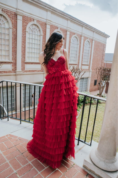 Burgundy Layered Tulle Ball Gown-Dresses-KCoutureBoutique, women's boutique in Bossier City, Louisiana