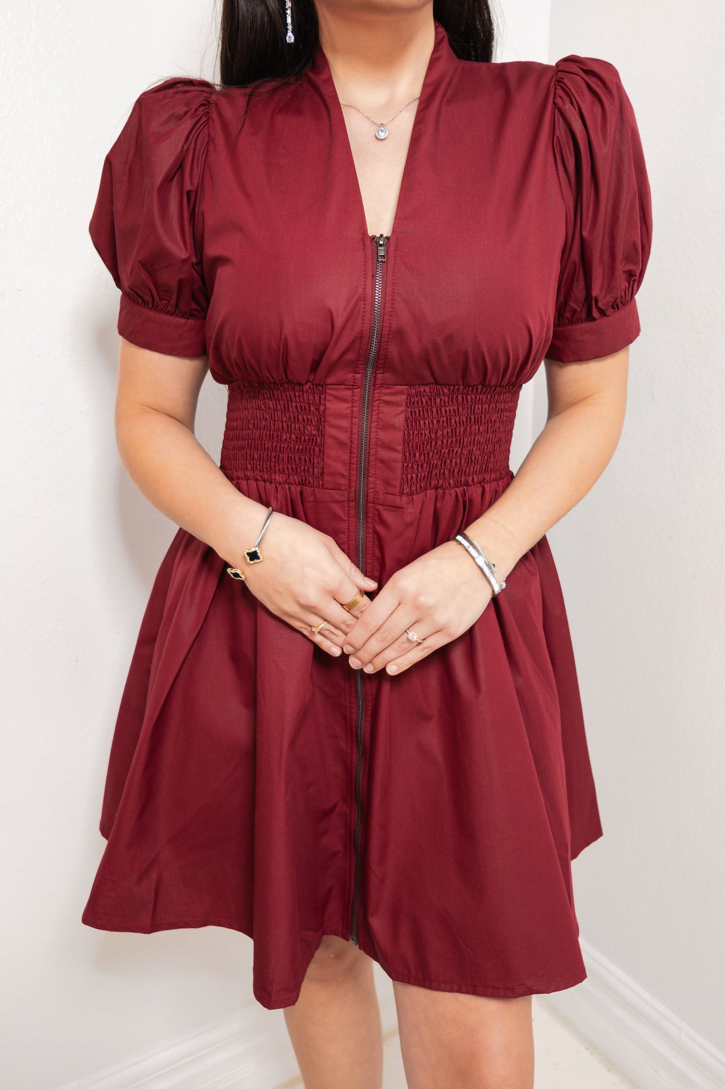 Burgundy Belle Front Zip Smocked Mini Dress