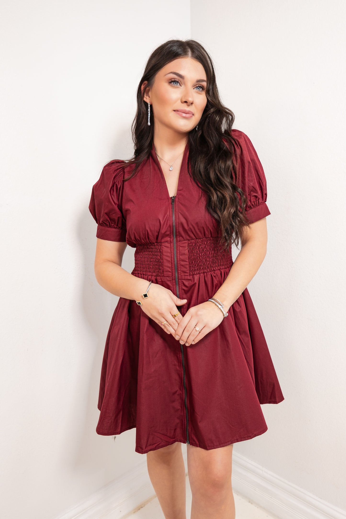 Burgundy Belle Front Zip Smocked Mini Dress
