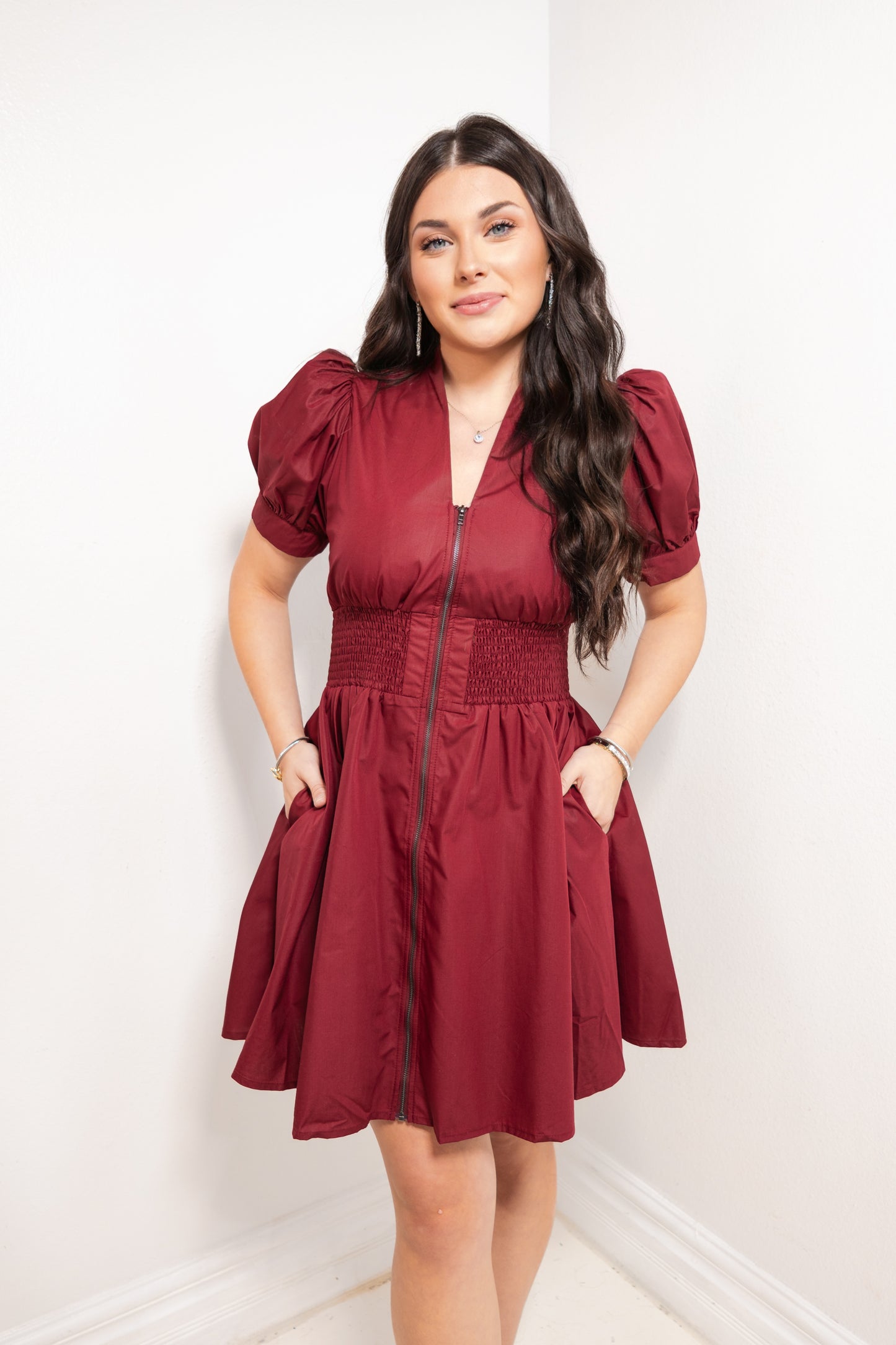 Burgundy Belle Front Zip Smocked Mini Dress